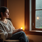 **

A person sitting in a cozy armchair, looking thoughtful but peaceful. Soft, warm lighting. In the background, a window with a rainy scene visible. The overall feeling should be one of quiet reflection and acceptance. Keywords: introspection, resilience, healing, indoor, rainy day.

**