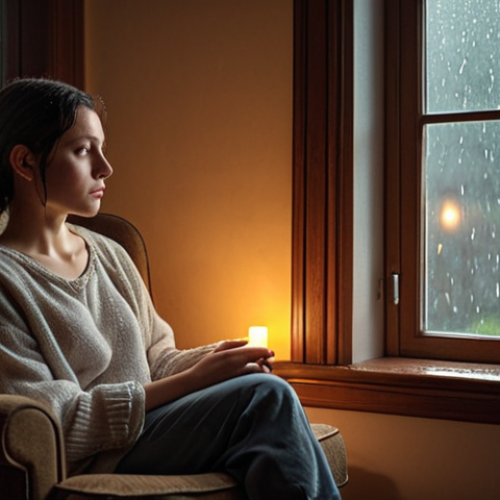 Home 4 **
A person sitting in a cozy armchair, looking thoughtful but peaceful. Soft, warm lighting. In the background, a window with a rainy scene visible. The overall feeling should be one of quiet reflection and acceptance. Keywords: introspection, resilience, healing, indoor, rainy day.
**