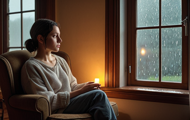 **
A person sitting in a cozy armchair, looking thoughtful but peaceful. Soft, warm lighting. In the background, a window with a rainy scene visible. The overall feeling should be one of quiet reflection and acceptance. Keywords: introspection, resilience, healing, indoor, rainy day.
**
