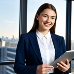 **

A professional woman in her late 20s, wearing a tailored navy blue business suit with a crisp white blouse, standing confidently in a modern, sunlit office.  She is holding a tablet and smiling slightly. Background includes blurred cityscape through a large window. Perfect anatomy, correct proportions, well-formed hands, proper finger count, natural pose, fully clothed, modest clothing, appropriate attire, safe for work, professional photography, high quality, professional, family-friendly, appropriate content.

**
