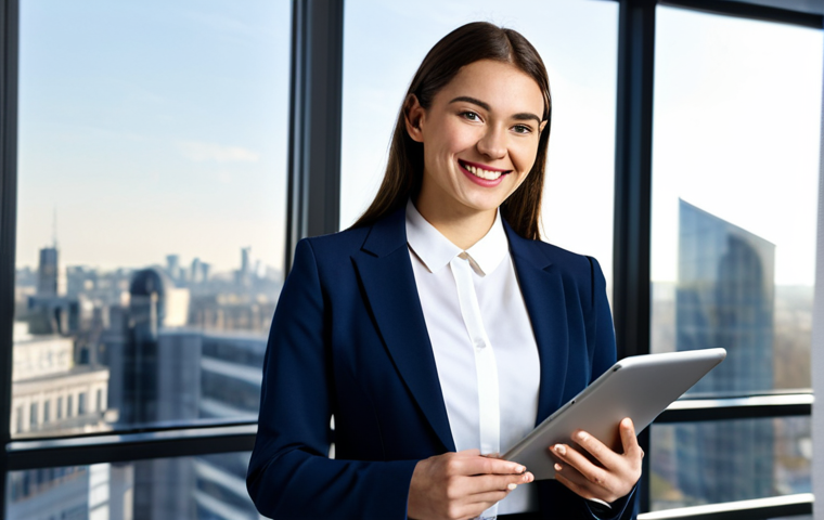 **
A professional woman in her late 20s, wearing a tailored navy blue business suit with a crisp white blouse, standing confidently in a modern, sunlit office. She is holding a tablet and smiling slightly. Background includes blurred cityscape through a large window. Perfect anatomy, correct proportions, well-formed hands, proper finger count, natural pose, fully clothed, modest clothing, appropriate attire, safe for work, professional photography, high quality, professional, family-friendly, appropriate content.
**