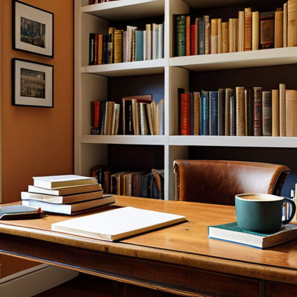 **A cozy writing nook:** "A bright and inviting home office bathed in natural light, a comfortable writing desk with a laptop and a steaming mug of coffee, surrounded by bookshelves overflowing with well-loved books, soft ambient lighting, warm color palette, serene atmosphere, inviting and peaceful."
