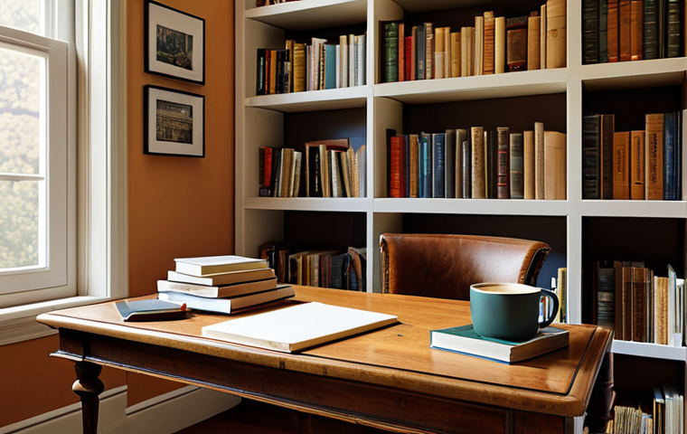 **A cozy writing nook:** "A bright and inviting home office bathed in natural light, a comfortable writing desk with a laptop and a steaming mug of coffee, surrounded by bookshelves overflowing with well-loved books, soft ambient lighting, warm color palette, serene atmosphere, inviting and peaceful."