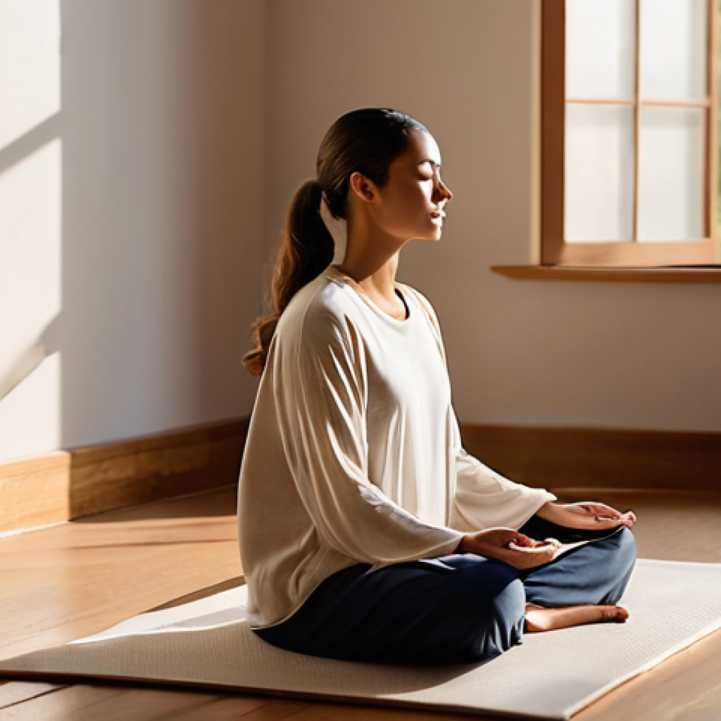 역경 후 성장을 위한 자기 돌봄 방법 - **"A serene woman in her late 20s is practicing mindfulness meditation in a sunlit, minimalist livin...