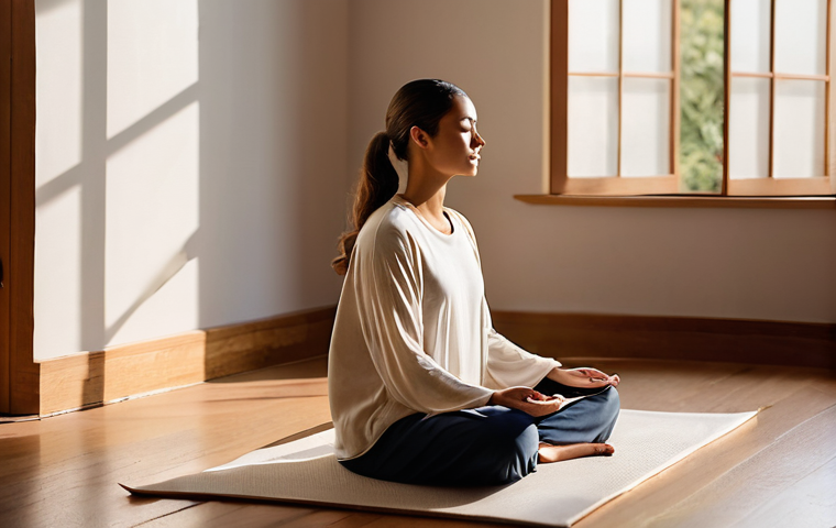 역경 후 성장을 위한 자기 돌봄 방법 - **"A serene woman in her late 20s is practicing mindfulness meditation in a sunlit, minimalist livin...
