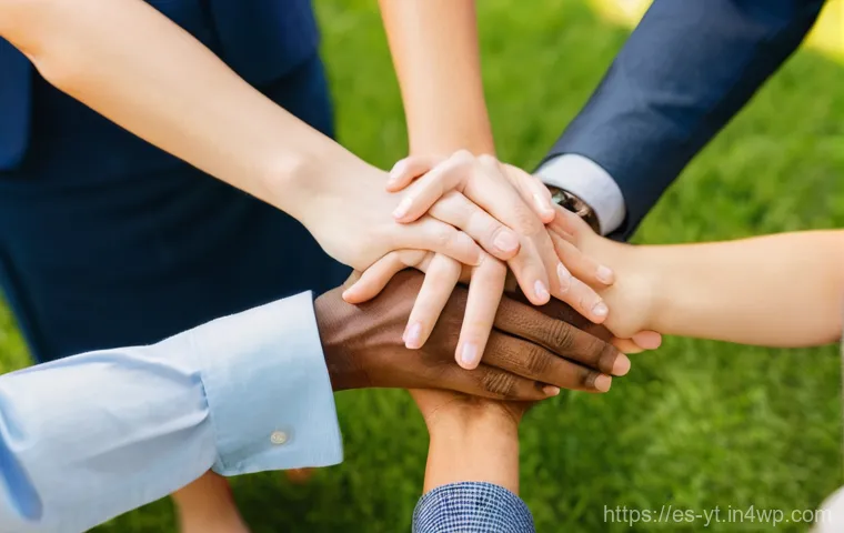 역경 후 회복을 위한 지원 시스템 구축 - **Prompt:** A diverse group of adults, representing various ages and backgrounds, forming a supporti...