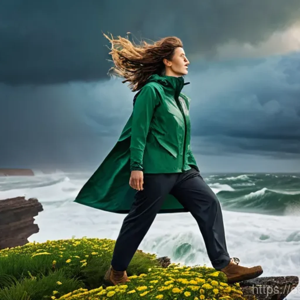 역경 극복을 위한 성공적인 전환 사례 - **Prompt:** A determined woman in her late 30s stands on a windswept cliff, her back to a turbulent,...