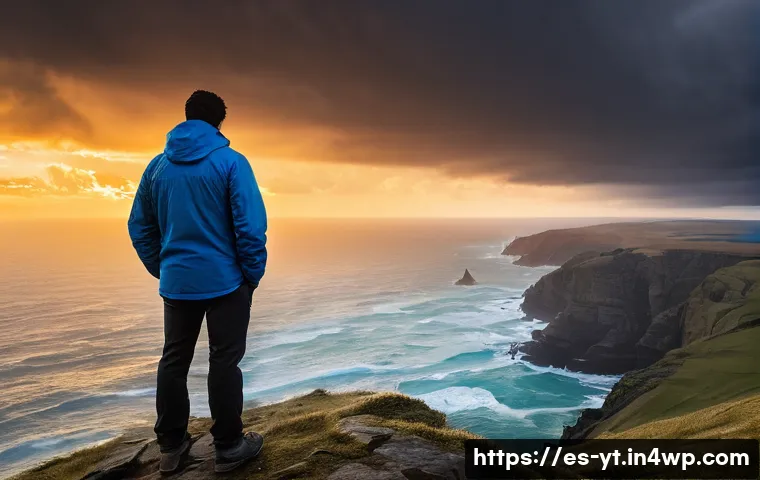 역경 후 성장의 의미를 되새기기 - **Prompt:** A person stands resiliently on a windswept clifftop overlooking a dramatic, stormy sea a...