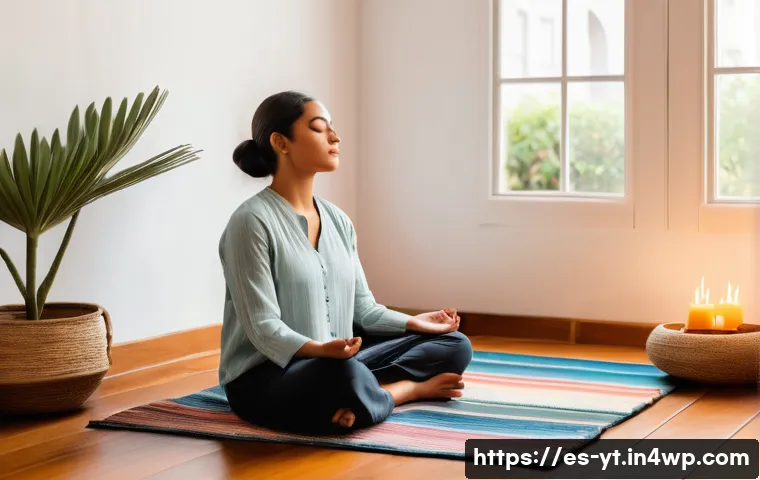 역경 극복을 위한 실용적인 명상법 - A serene and cozy indoor meditation corner designed for a Spanish-speaking individual, featuring sof...