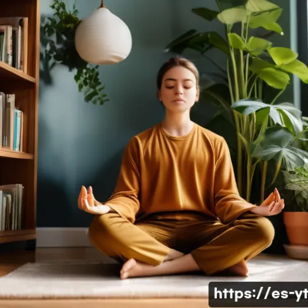 역경 속에서의 배움과 성장 - A serene scene depicting a young adult meditating peacefully in a cozy, sunlit room filled with plan...