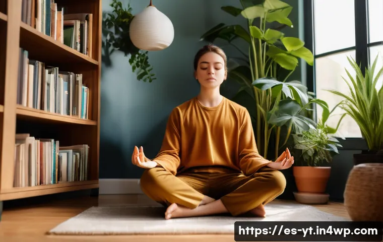 역경 속에서의 배움과 성장 - A serene scene depicting a young adult meditating peacefully in a cozy, sunlit room filled with plan...