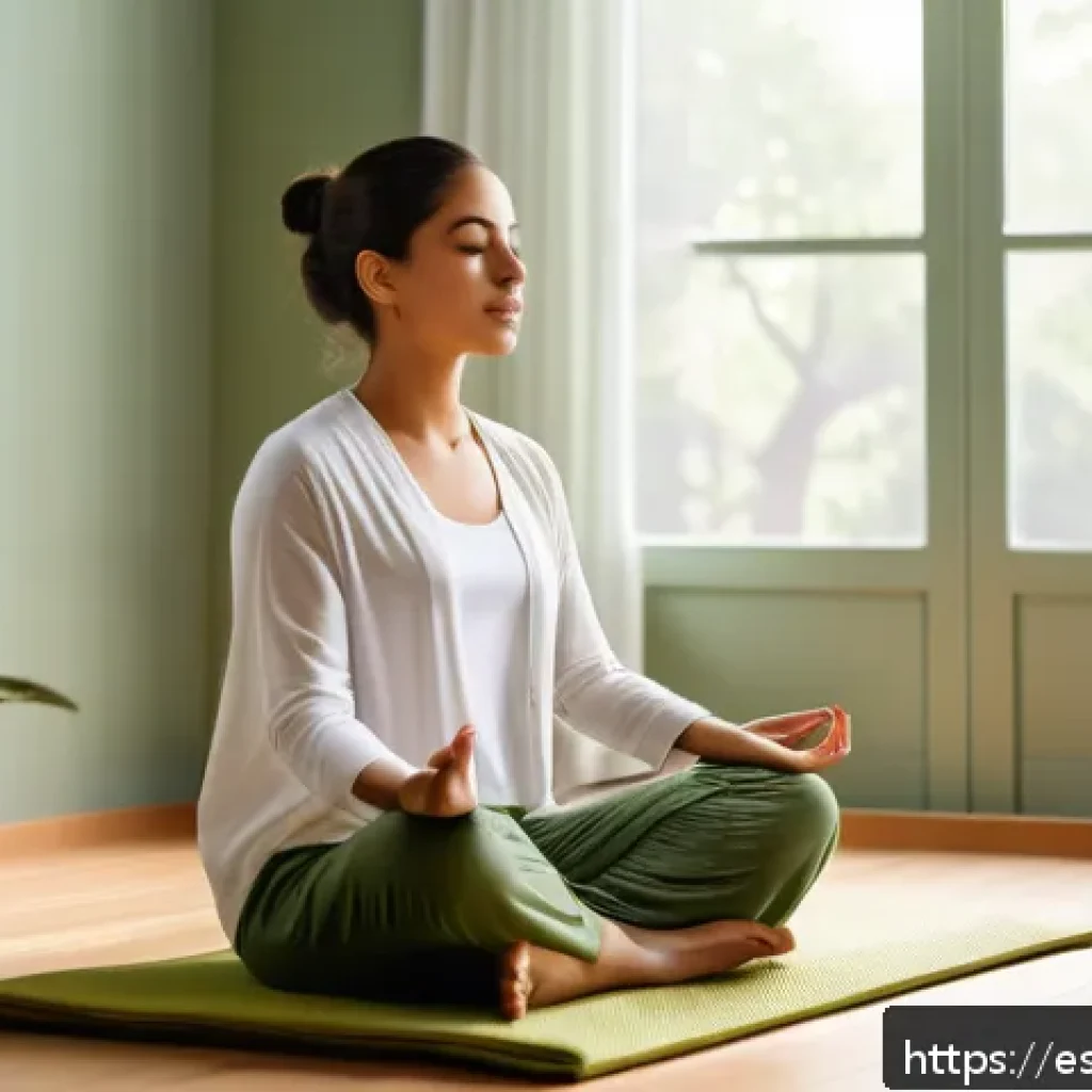 역경 후 성장 촉진을 위한 훈련 프로그램 - A serene indoor scene of a young Hispanic woman practicing mindful meditation in a sunlit room decor...