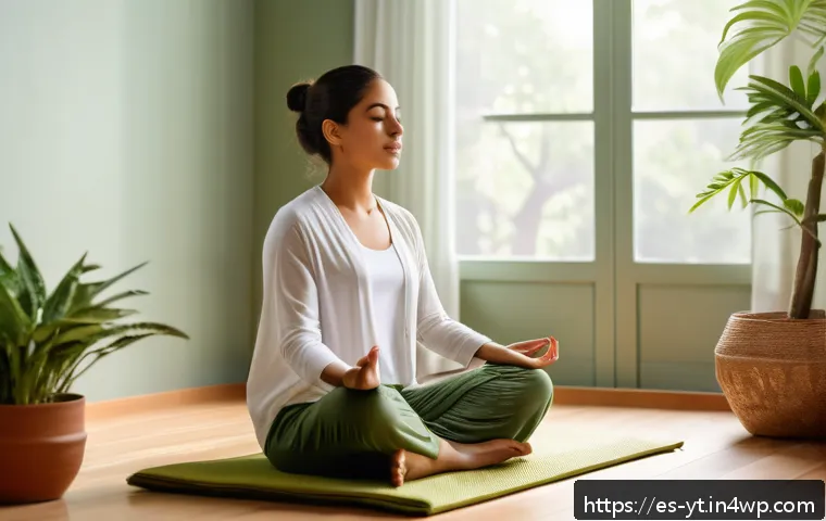 역경 후 성장 촉진을 위한 훈련 프로그램 - A serene indoor scene of a young Hispanic woman practicing mindful meditation in a sunlit room decor...