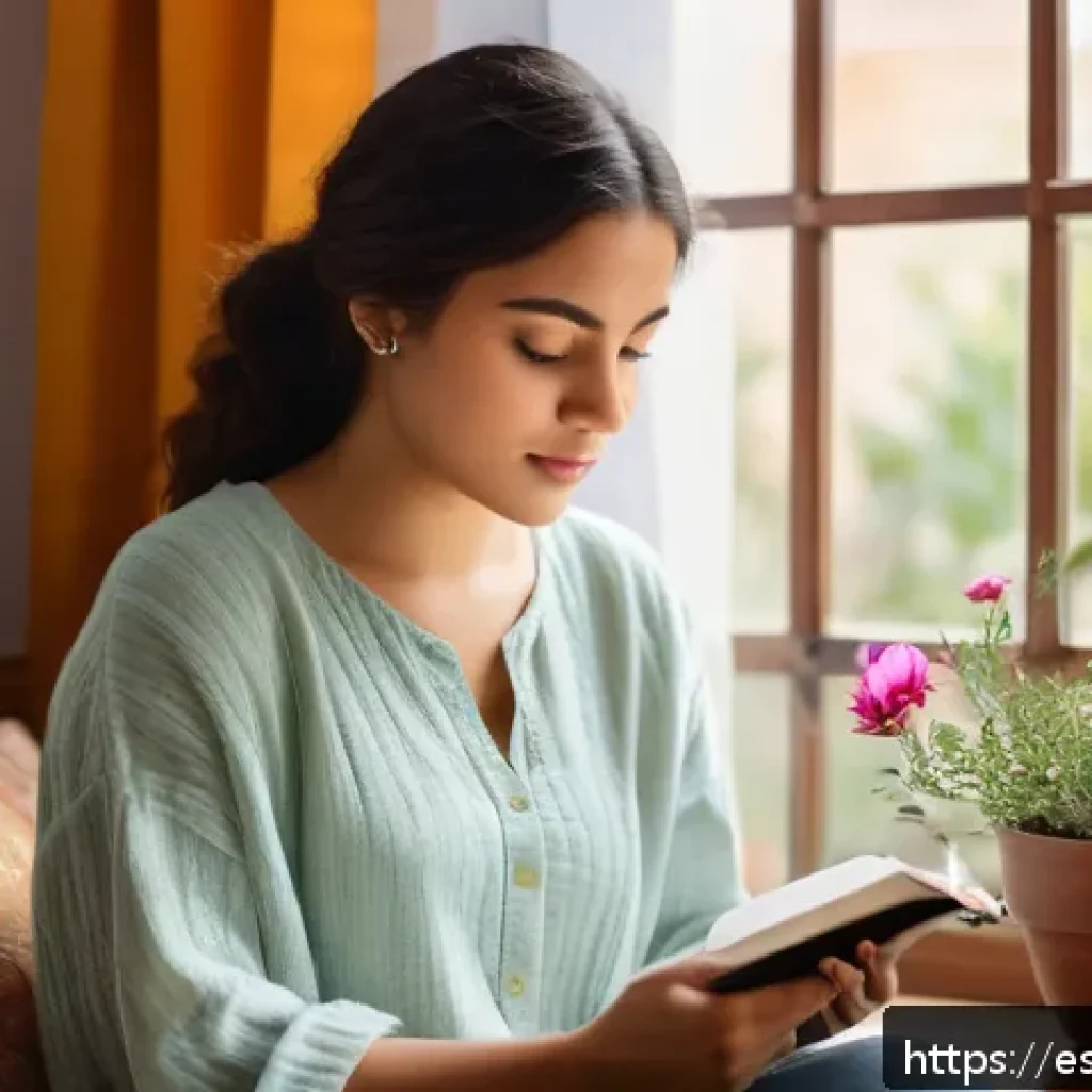 감정 표현으로 역경 극복하기 - A serene indoor scene of a young Hispanic woman sitting comfortably in a cozy, softly lit room, jour...