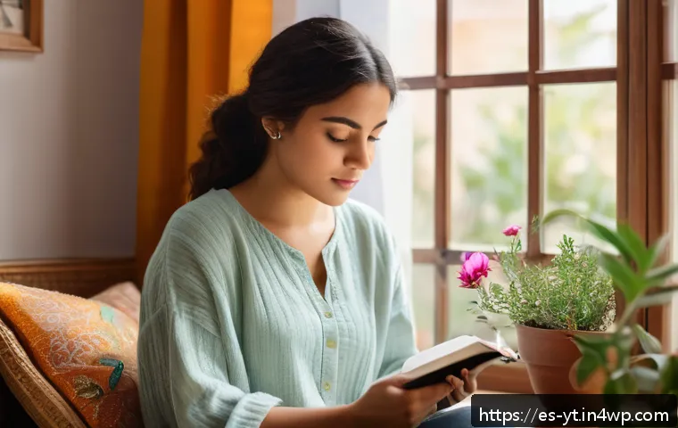 감정 표현으로 역경 극복하기 - A serene indoor scene of a young Hispanic woman sitting comfortably in a cozy, softly lit room, jour...