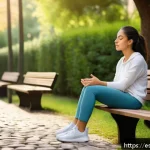 Home 18 감정 관리로 역경 극복하기 - A serene outdoor scene in a Spanish urban park during early morning, featuring a young Hispanic woma...