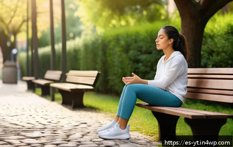 감정 관리로 역경 극복하기 - A serene outdoor scene in a Spanish urban park during early morning, featuring a young Hispanic woma...