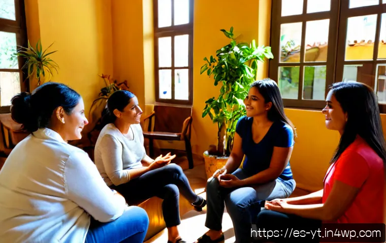 성장 스토리 공유를 통한 치유 - Photorealistic warm community support circle in a sunlit Spanish-speaking neighborhood cultural cent...